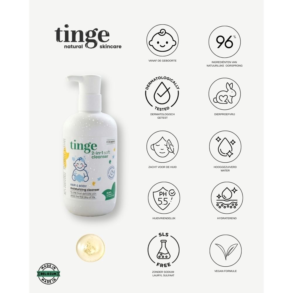 Flacon blanc avec pompe. Inscription : Tinge, gel nettoyant 2 en 1. Illustration de bébé.