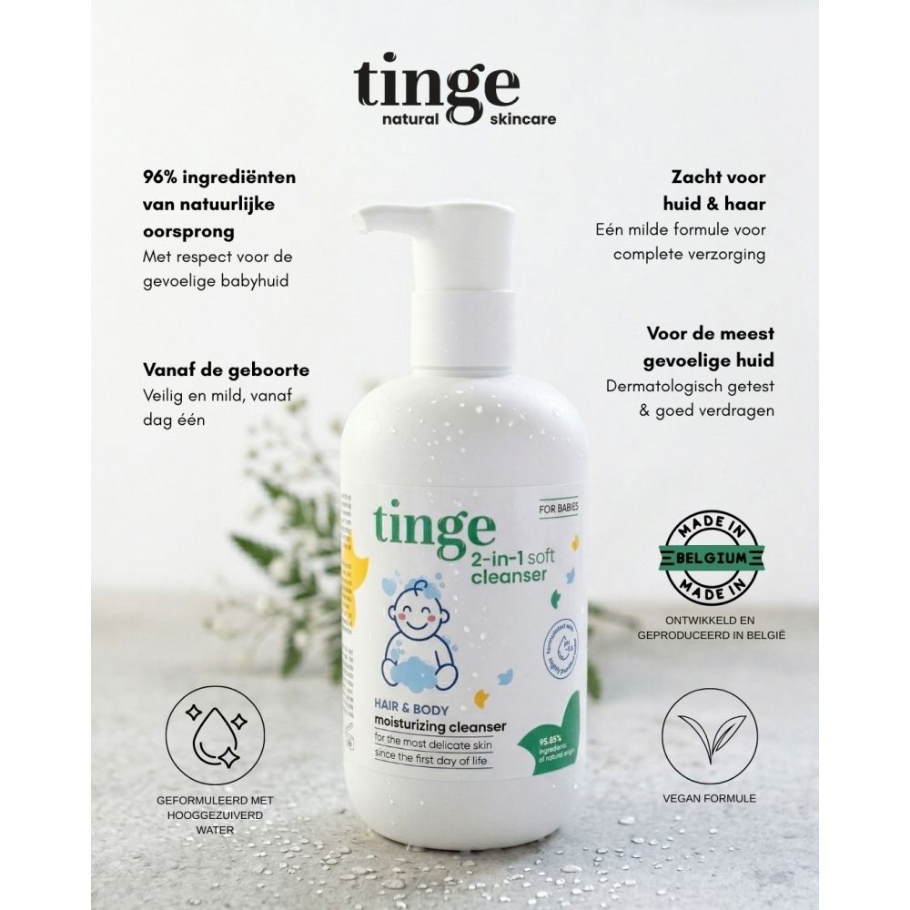 Witte fles met pomp. Opschrift: Tinge, 2-in-1 reinigingsgel. Naast baby-illustratie.