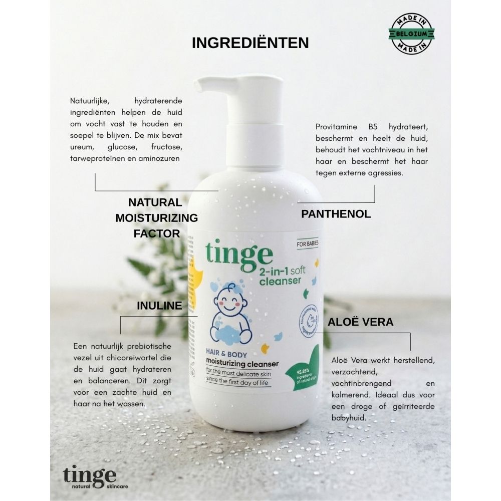 Witte fles met pomp. Opschrift: Tinge, 2-in-1 reinigingsgel. Naast baby-illustratie.
