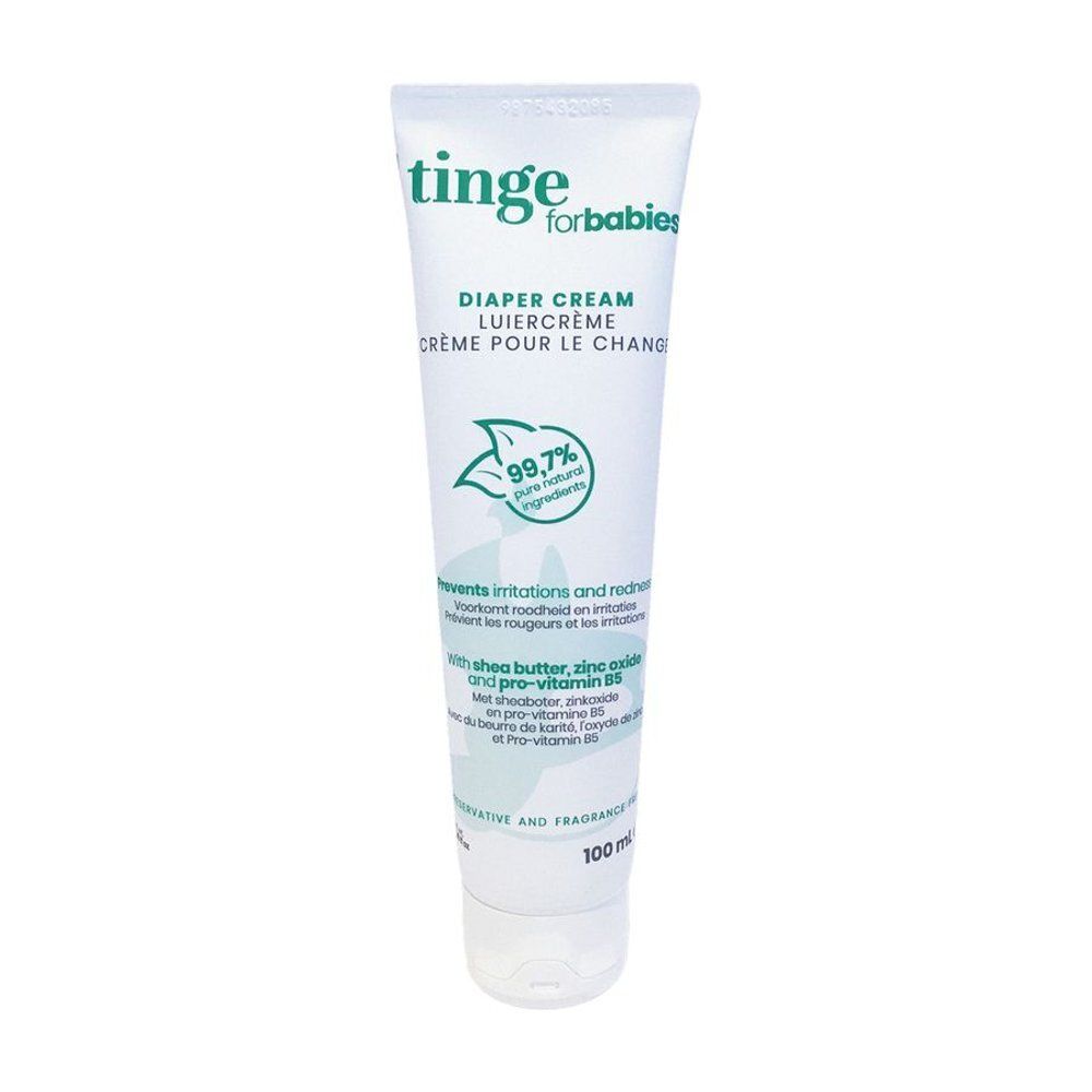 Tube blanche avec impression verte. Texte: Tinge for babies, Crème pour le change, 99,7% ingrédients naturels.