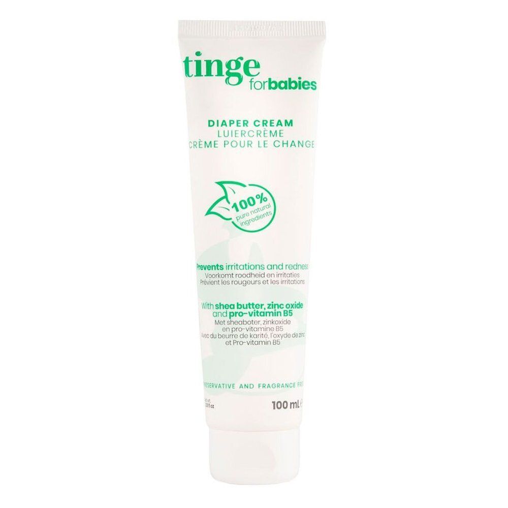 Tube blanche avec impression verte. Texte: Tinge for babies, Crème pour le change, 100% ingrédients naturels.