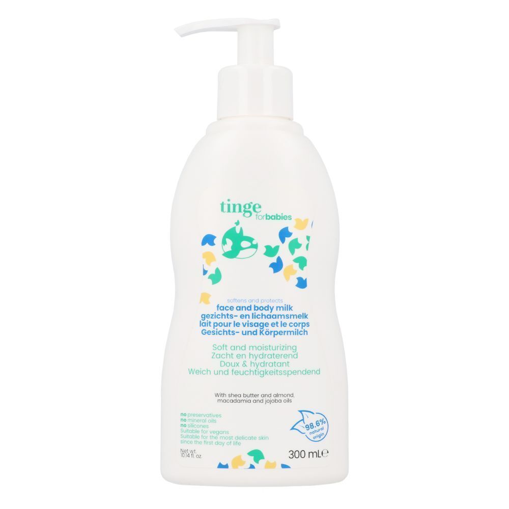 Witte fles met pompdos, gezichts- en lichaamsmelk voor baby's, 300 ml.