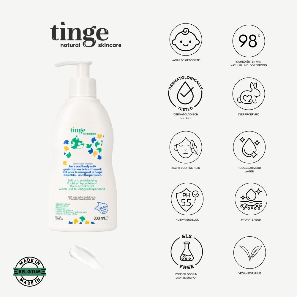 Witte fles met pompdos, gezichts- en lichaamsmelk voor baby's, met diverse iconen en informatie.