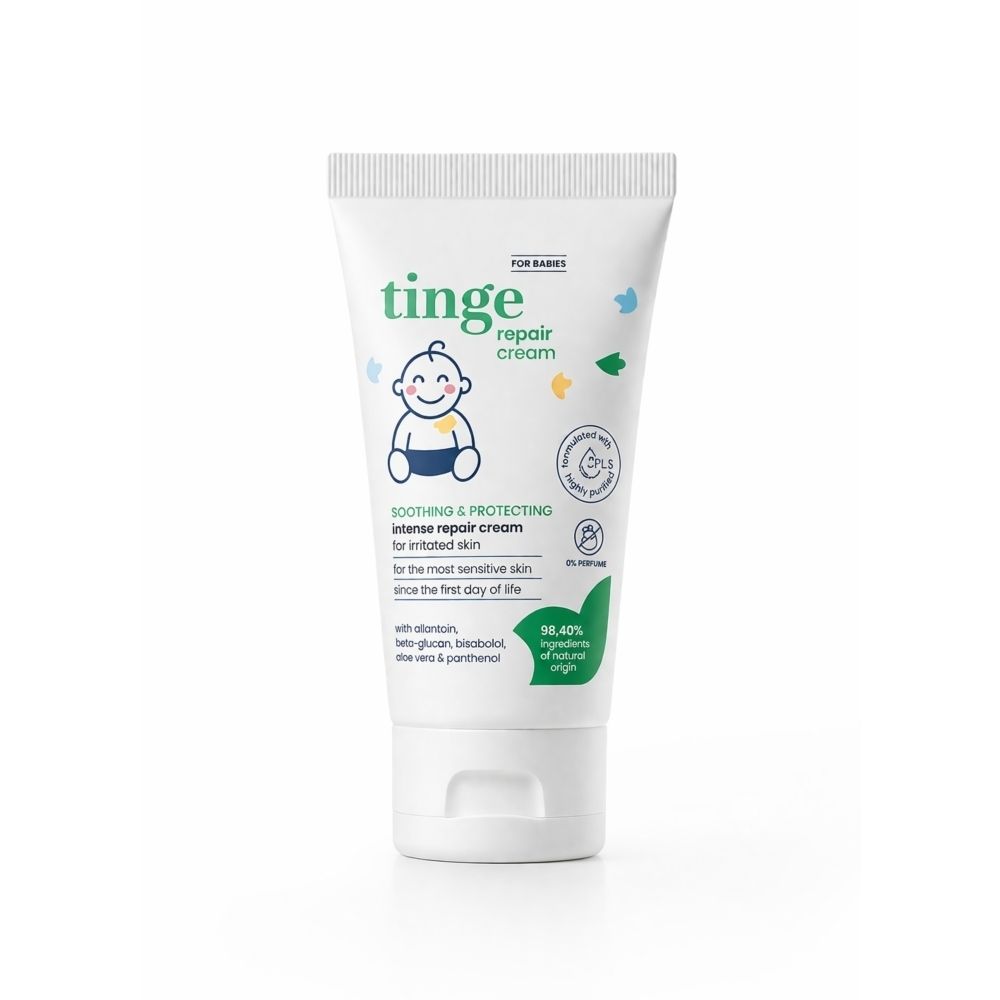 Witte tube met tekst: Repair Cream, voor gevoelige huid. Vanaf de geboorte. 50 ml. Met amandelolie.