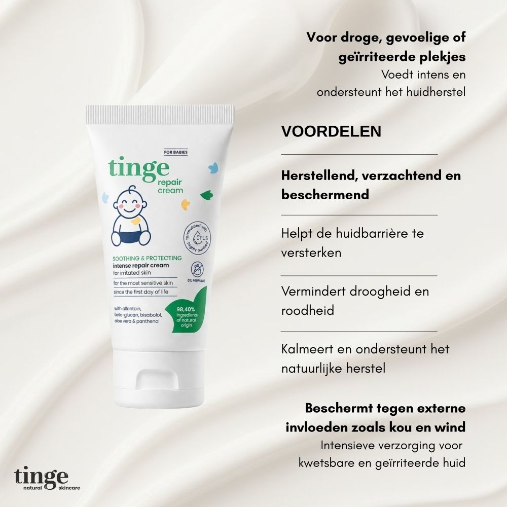 Tube met tekst: Repair Cream, voordelen, illustraties. Gemaakt in België. Vegan formule.