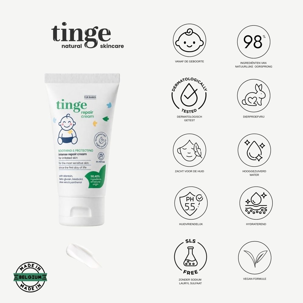 Tube met tekst: Repair Cream, voordelen, illustraties. Vegan, dermatologisch getest, pH 5,5.