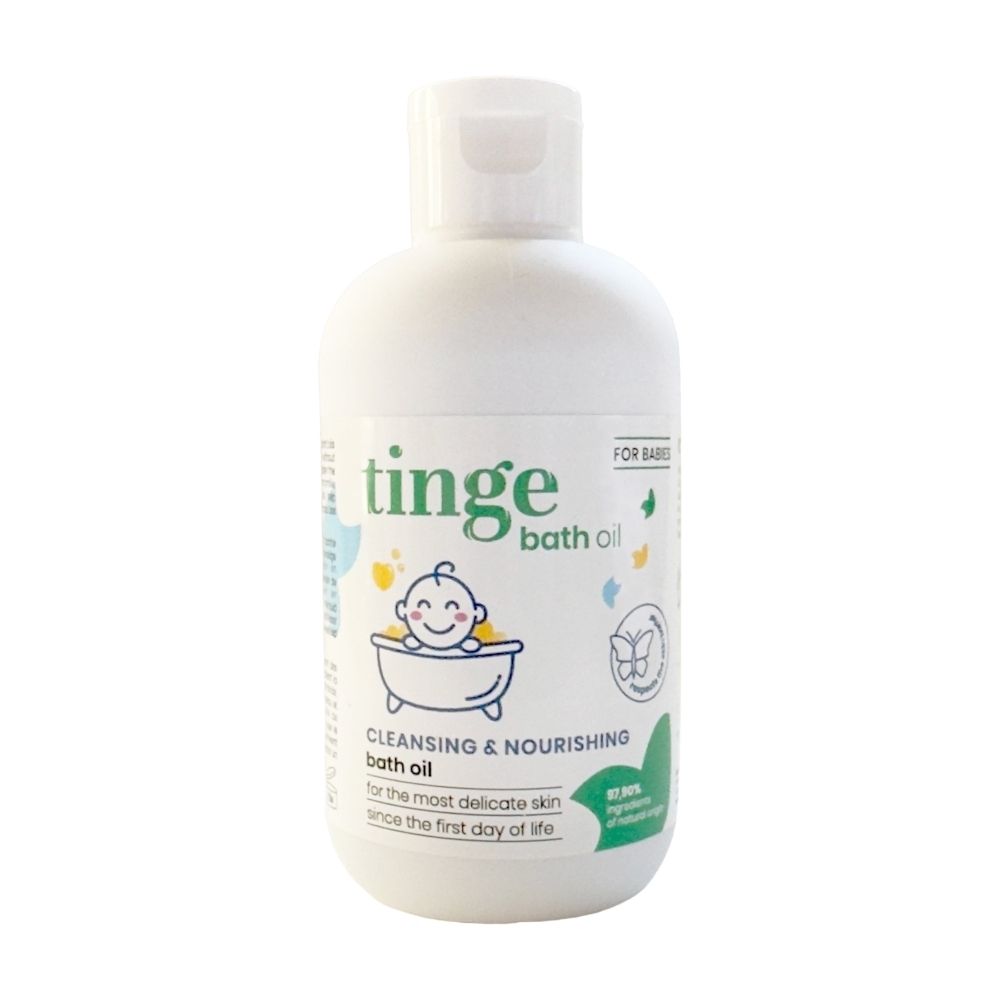 Witte fles met groen etiket. Opschrift: tinge for babies, bath oil, badeöl, huile de bain, badeöl.