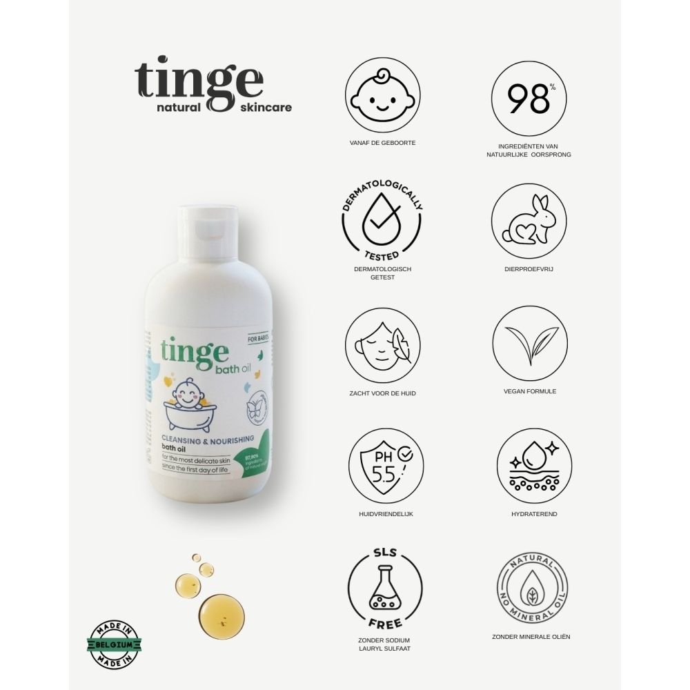 Productfles met etiket. Opschrift: tinge bath oil, Cleansing & Nourishing bath oil. Met baby-illustratie.