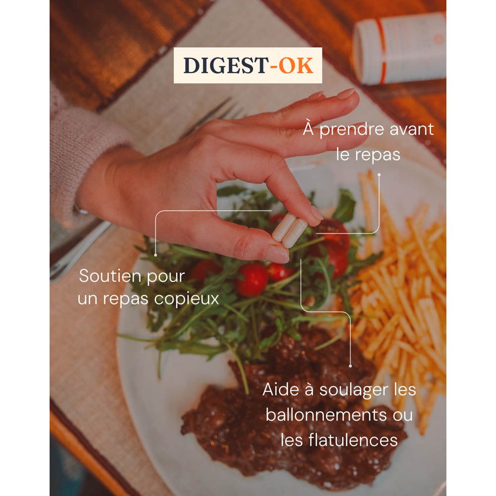 Image produit avec gélule. Logo DIGEST-OK. Contient L-glutamine et guimauve.