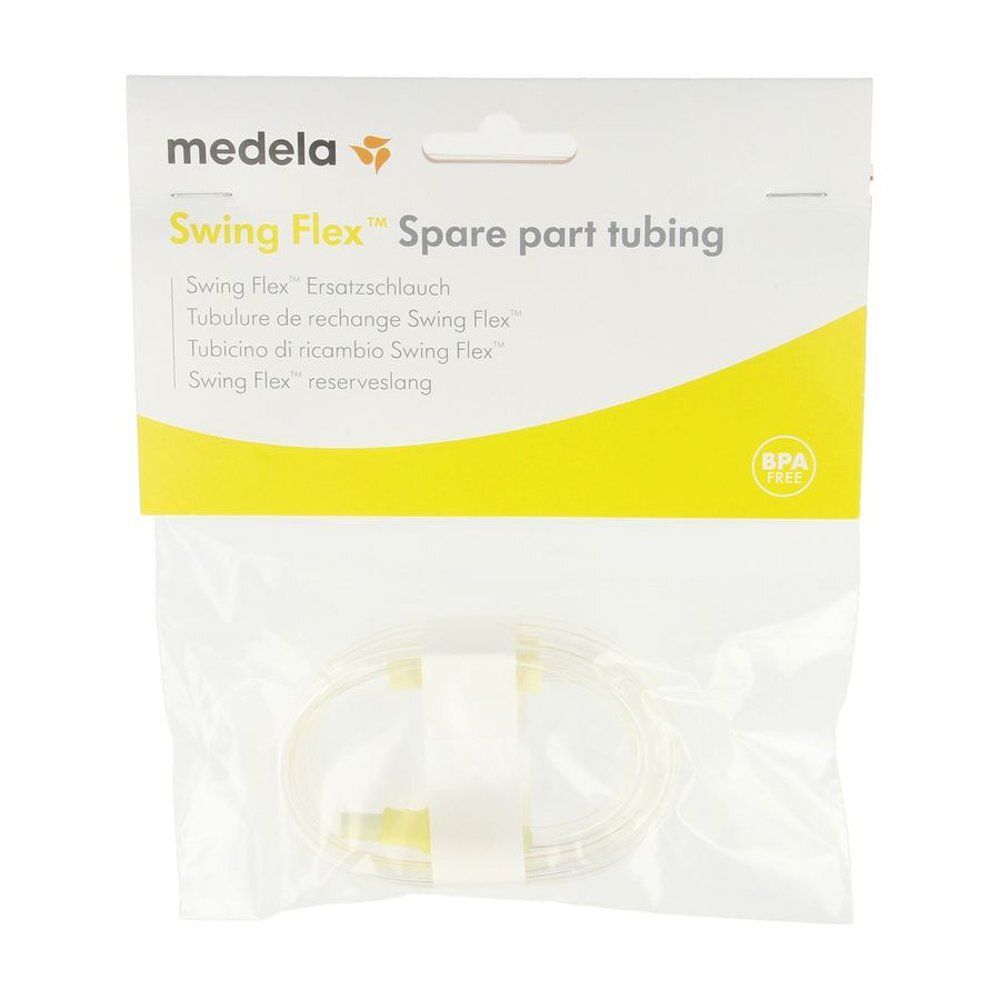 Tuyau de rechange Medela Swing Flex dans un emballage. Sans BPA. Tuyau transparent, connecteur blanc. Nom du produit et marque visibles.