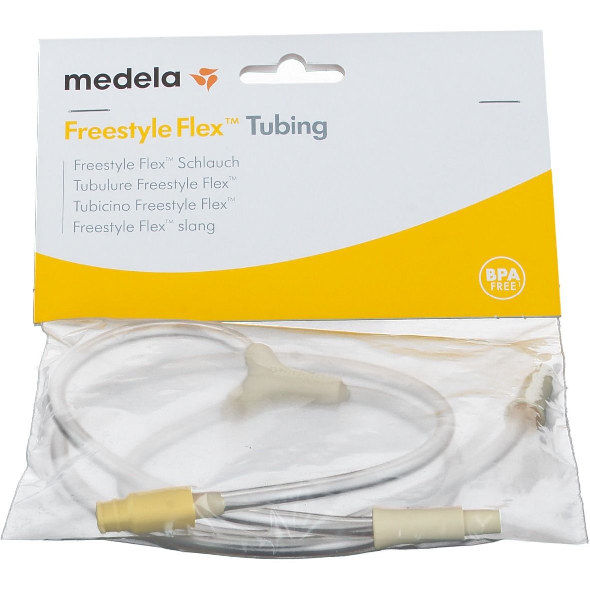 Tuyau de rechange Medela Freestyle Flex™ en emballage. Tuyau transparent avec raccords jaunes et crème. Sans BPA.