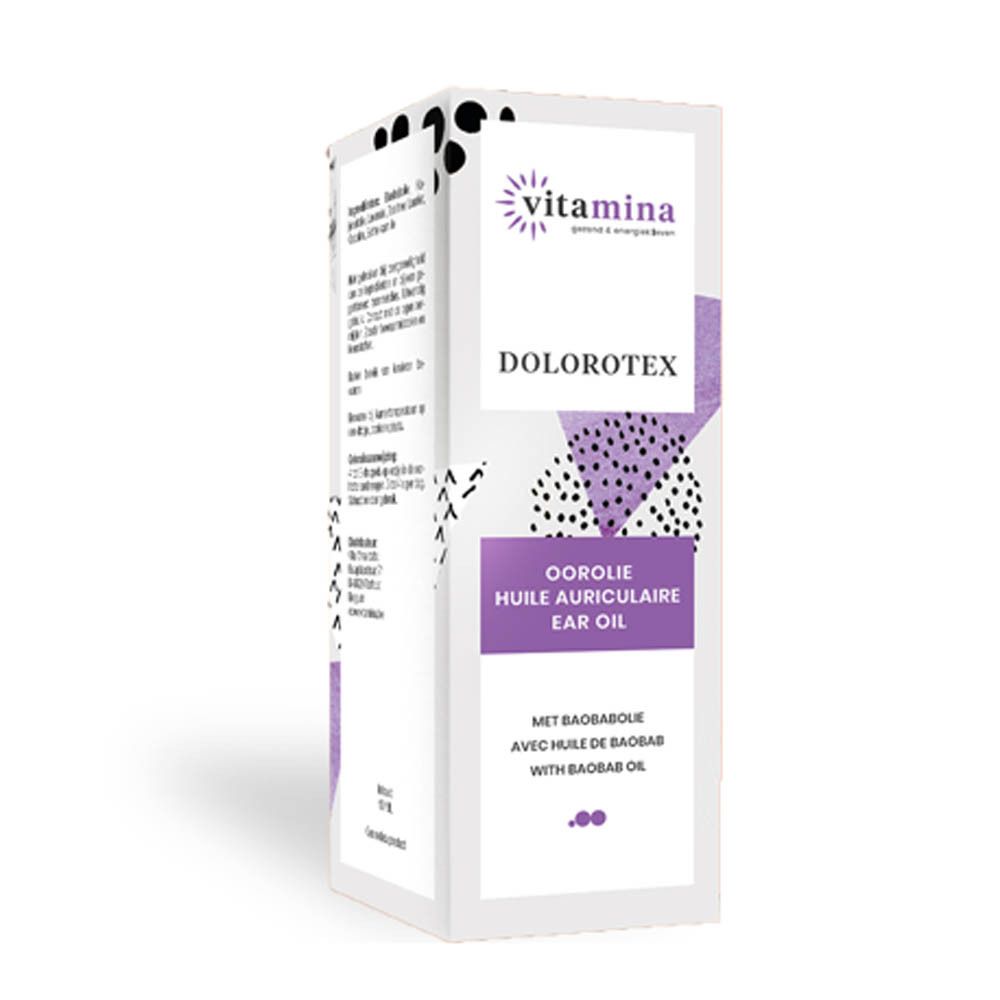 Vitamina Dolorotex Oorolie flesje met druppelaar, voorkant met etiket.
