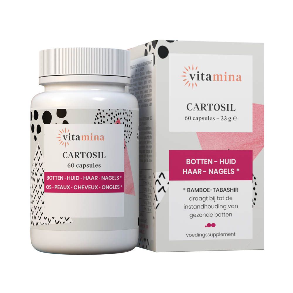 Vitamina Cartosil capsulefles en doos. Voor botten, huid, haar, nagels.