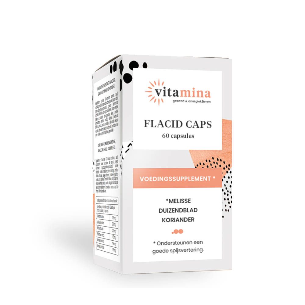 Verpakking en fles met 60 capsules, opschrift 'FLACID CAPS'.