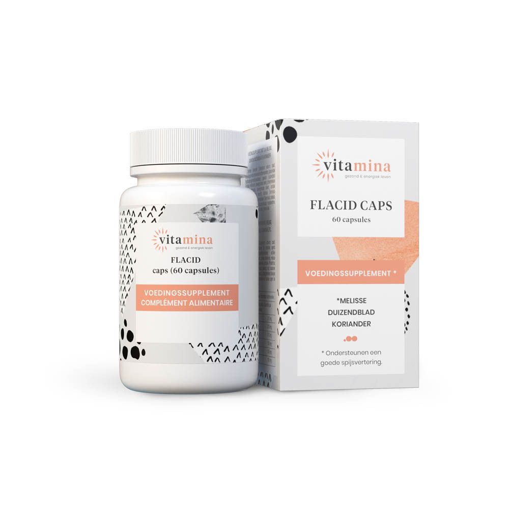 Verpakking met opschrift 'FLACID CAPS', bevat 60 capsules.