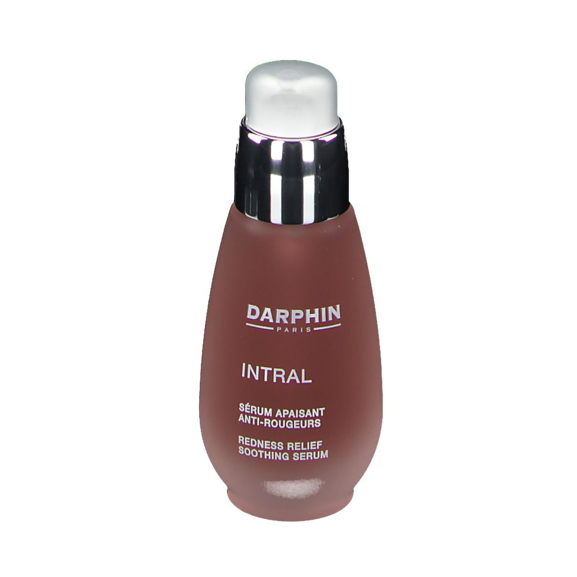 Serum tegen roodheid. Fles met pomp. Merk DARPHIN, productnaam INTRAL. Tekst: Sérum apaisant anti-rougeurs, Redness Relief Soothing Serum.