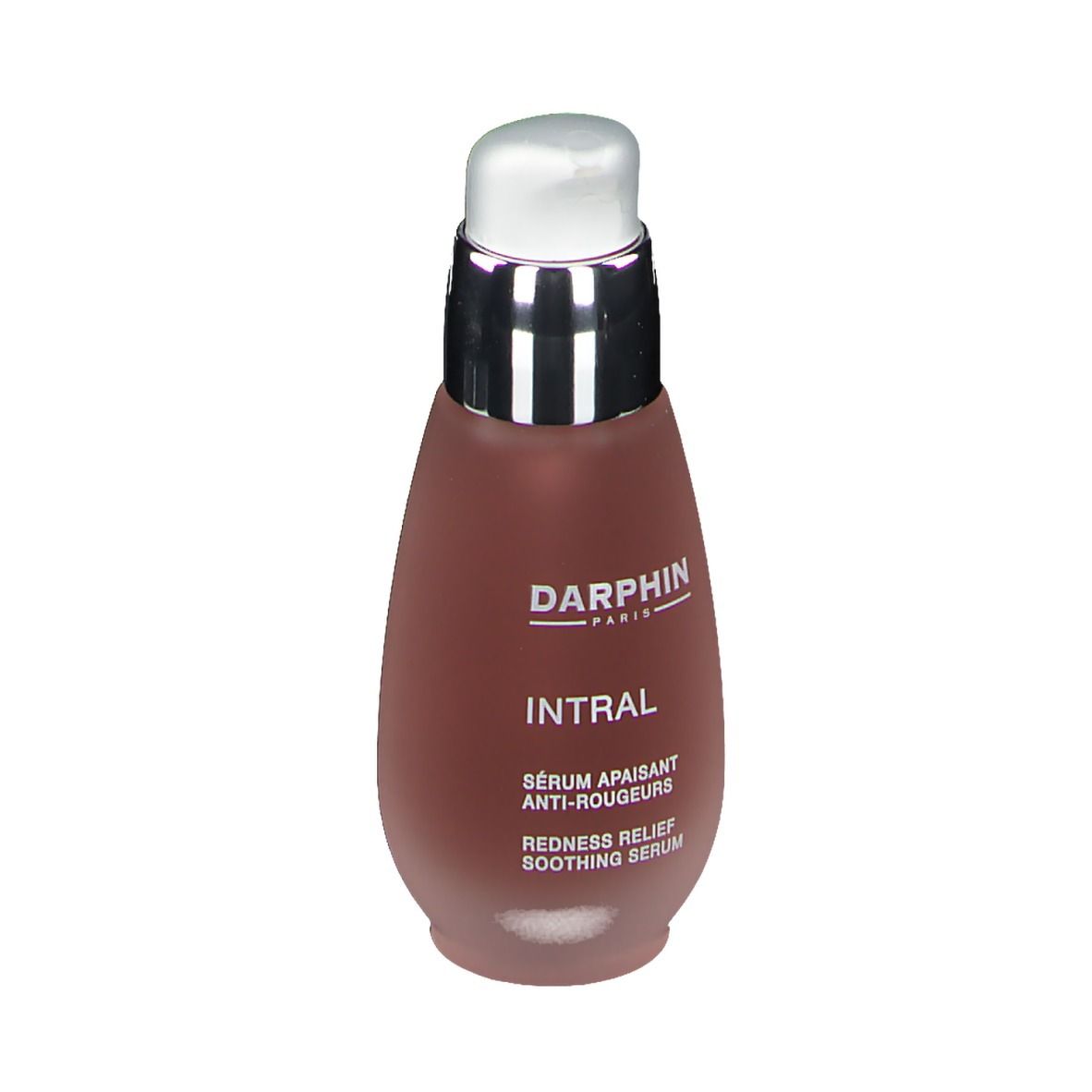 Serum tegen roodheid. Fles met pomp. Merk DARPHIN, productnaam INTRAL. Tekst: Sérum apaisant anti-rougeurs, Redness Relief Soothing Serum.