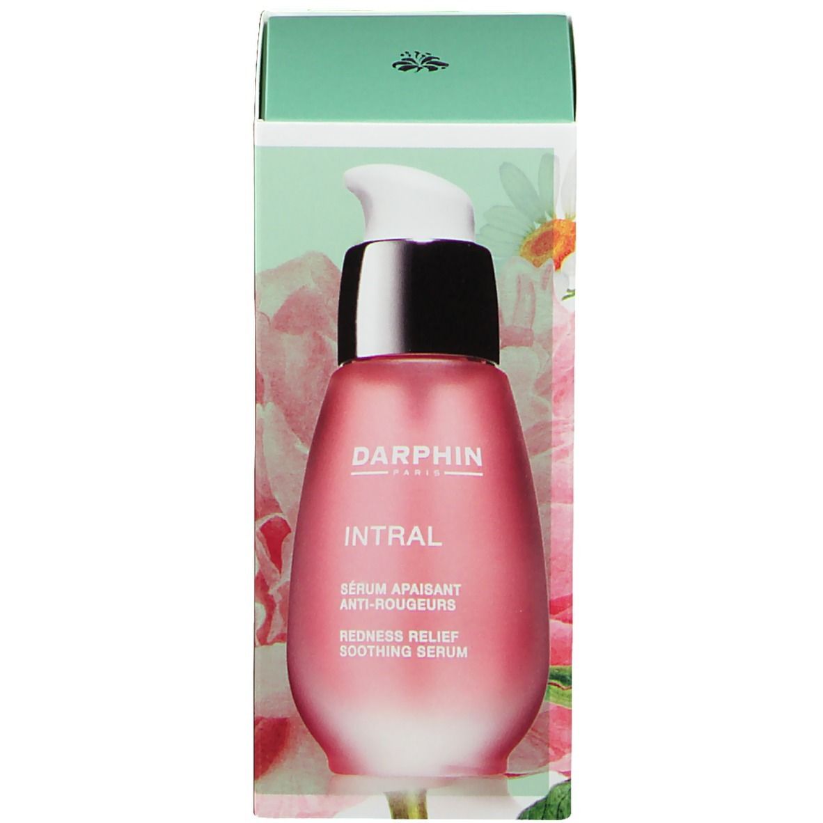 Serum tegen roodheid en verpakking. Fles met pomp. Merk DARPHIN, productnaam INTRAL. Tekst: Sérum apaisant anti-rougeurs, Redness Relief Soothing Serum.