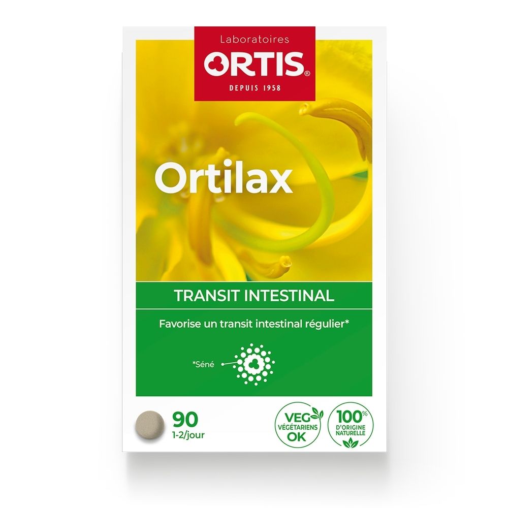 Emballage Ortilax Transit Intestinal, 90 comprimés, fond floral.