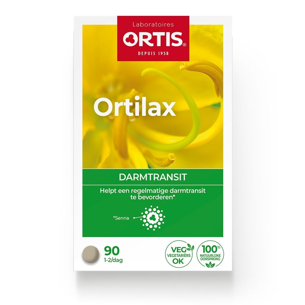 Ortilax Darmtransit verpakking, 90 tabletten, bloemige achtergrond.