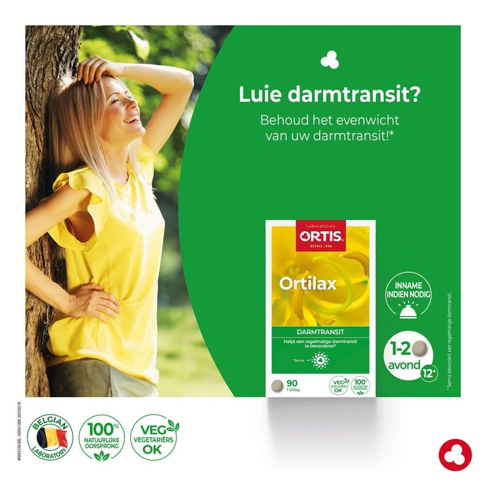 Ortilax Darmtransit verpakking, 90 tabletten, bloemige achtergrond, gebruiksaanwijzing.