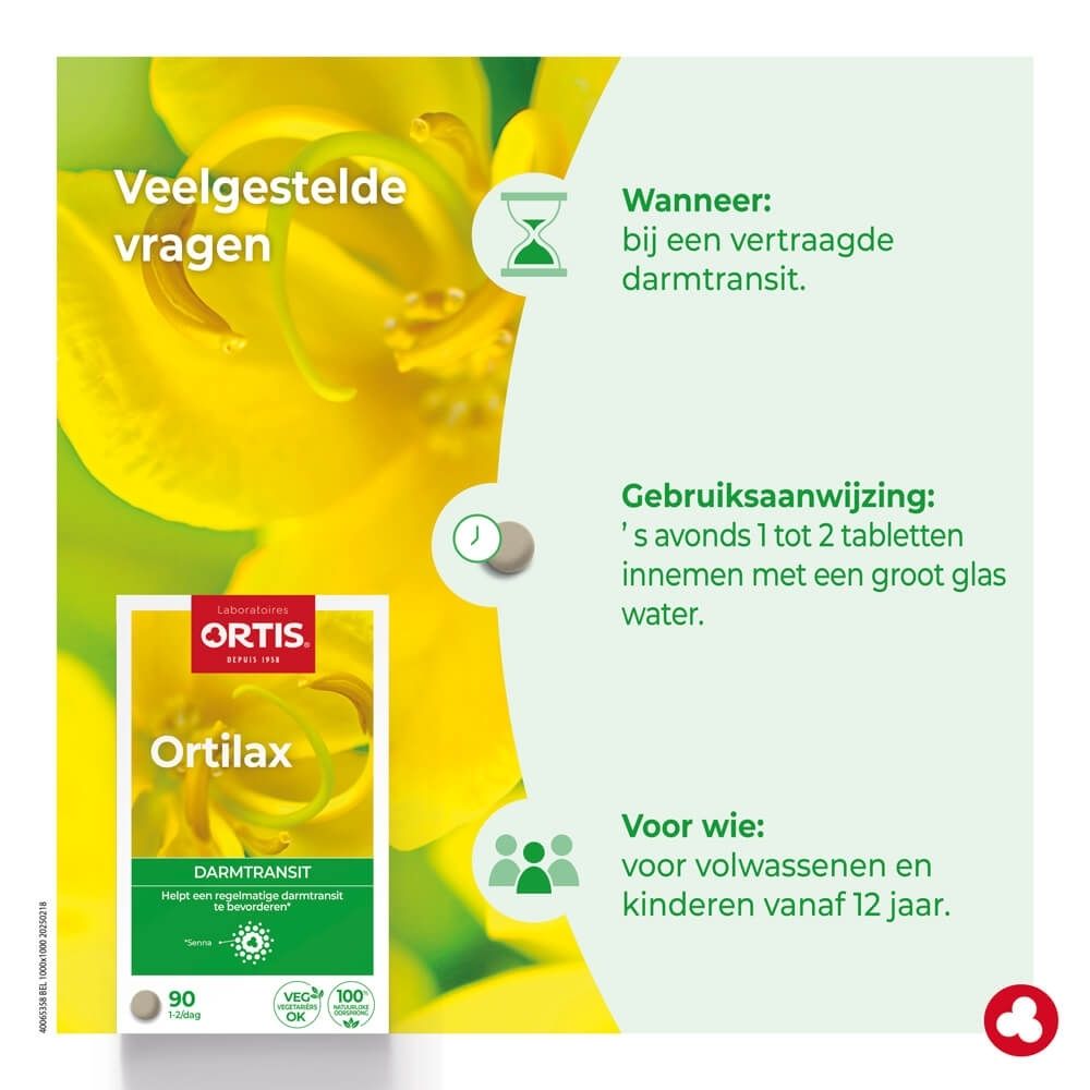 Ortilax Darmtransit verpakking, 90 tabletten, bloemige achtergrond, gebruiksaanwijzing.