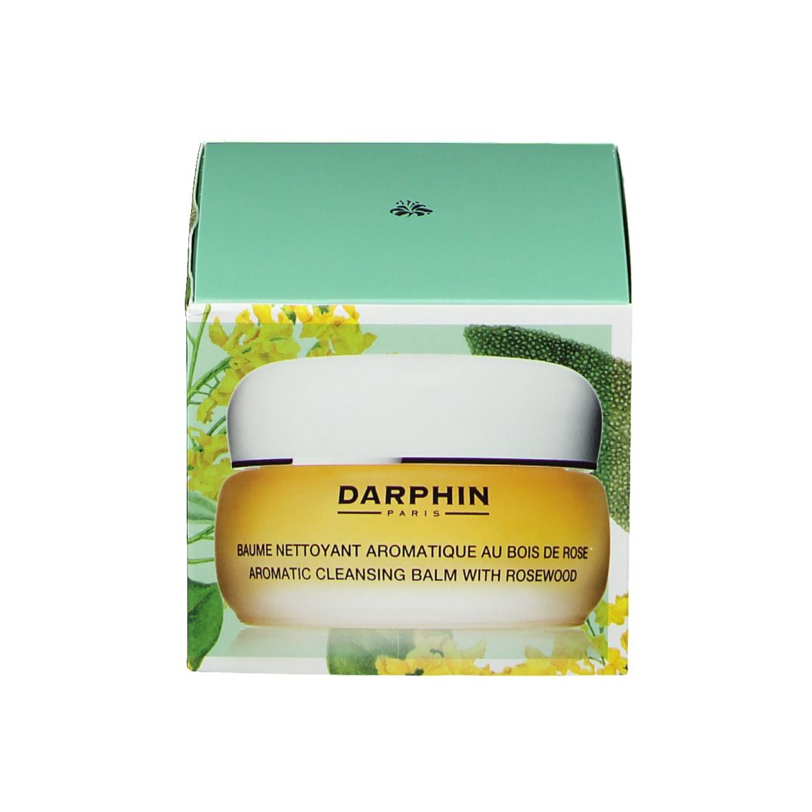 Product in groene verpakking. Opschrift: DARPHIN PARIS, BAUME NETTOYANT AROMATIQUE AU BOIS DE ROSE, AROMATIC CLEANSING BALM WITH ROSEWOOD. Product zichtbaar.