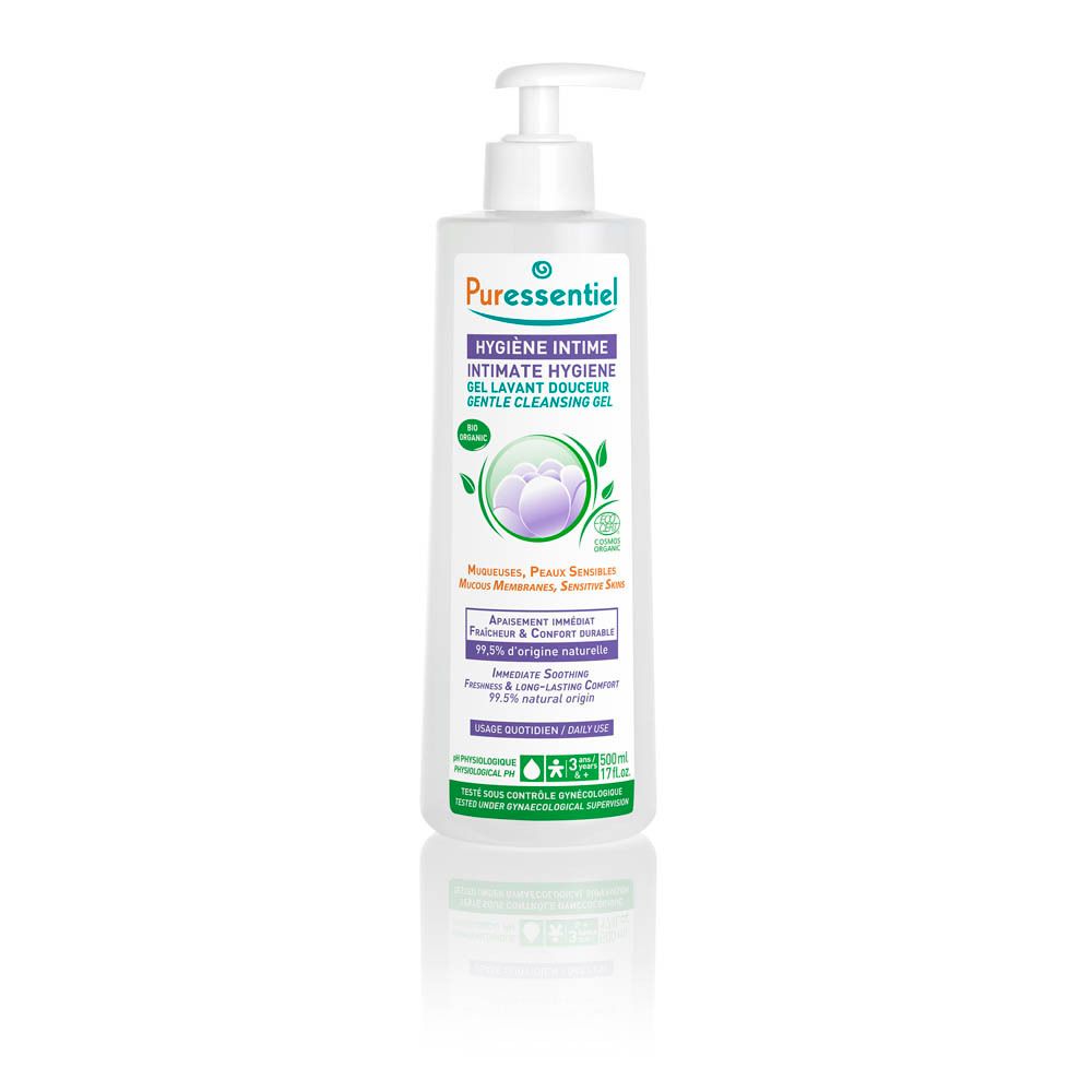 Transparante fles met pomp. Opschrift: Puressentiel, Intieme hygiëne, Gel lavant douceur. 500 ml.