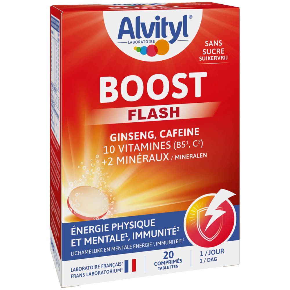 Verpakking Alvityl Boost Flash. 20 tabletten. Ginseng, cafeïne, vitaminen en mineralen. 1 tablet per dag.