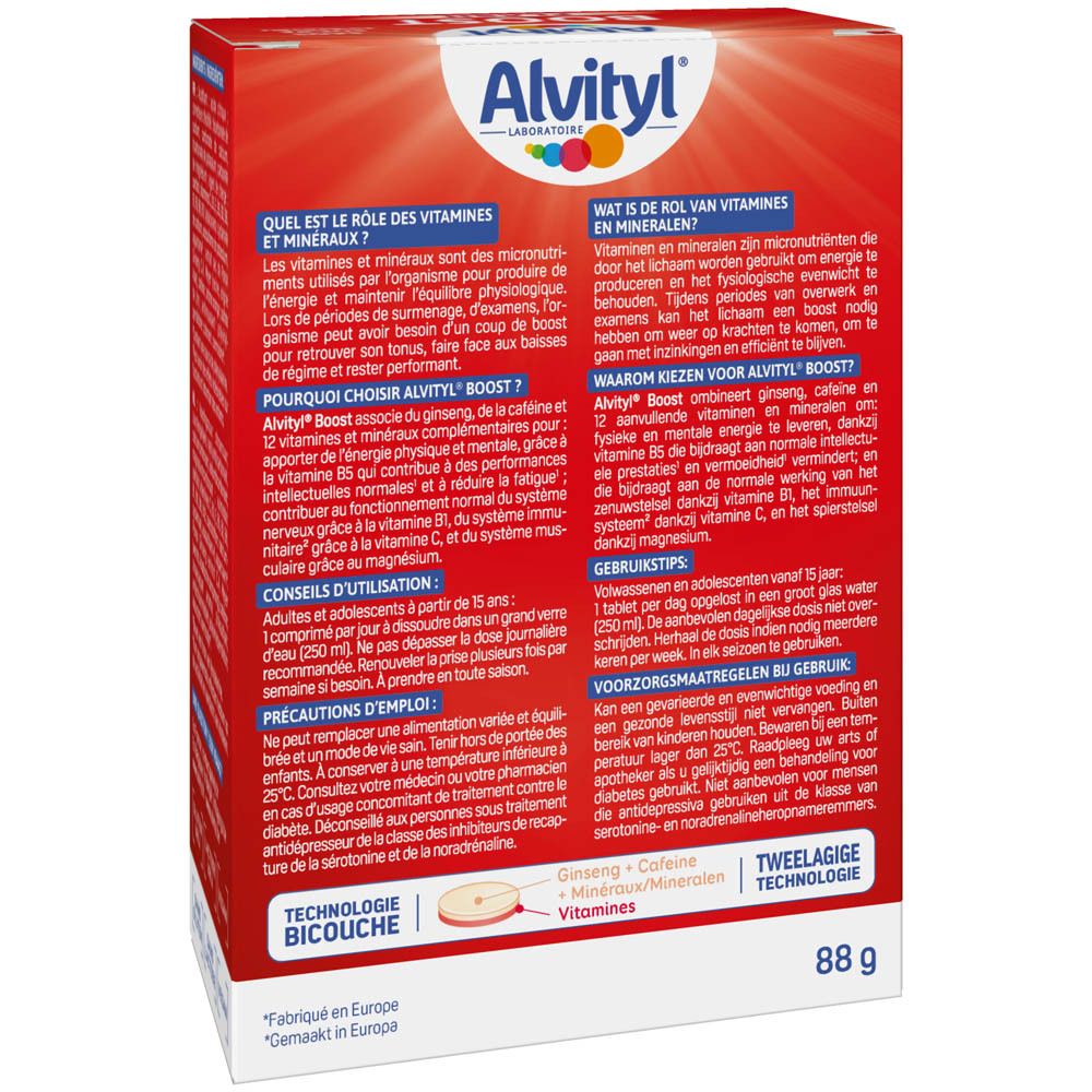 Achterkant van de Alvityl Boost Flash verpakking. Informatie over ingrediënten, gebruik en voorzorgsmaatregelen.