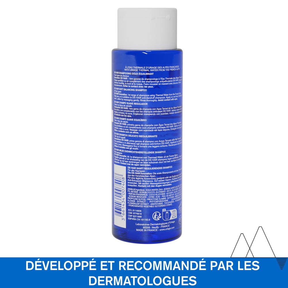 Dos du flacon de shampooing bleu. Texte multilingue. 200ml. Ingrédients.
