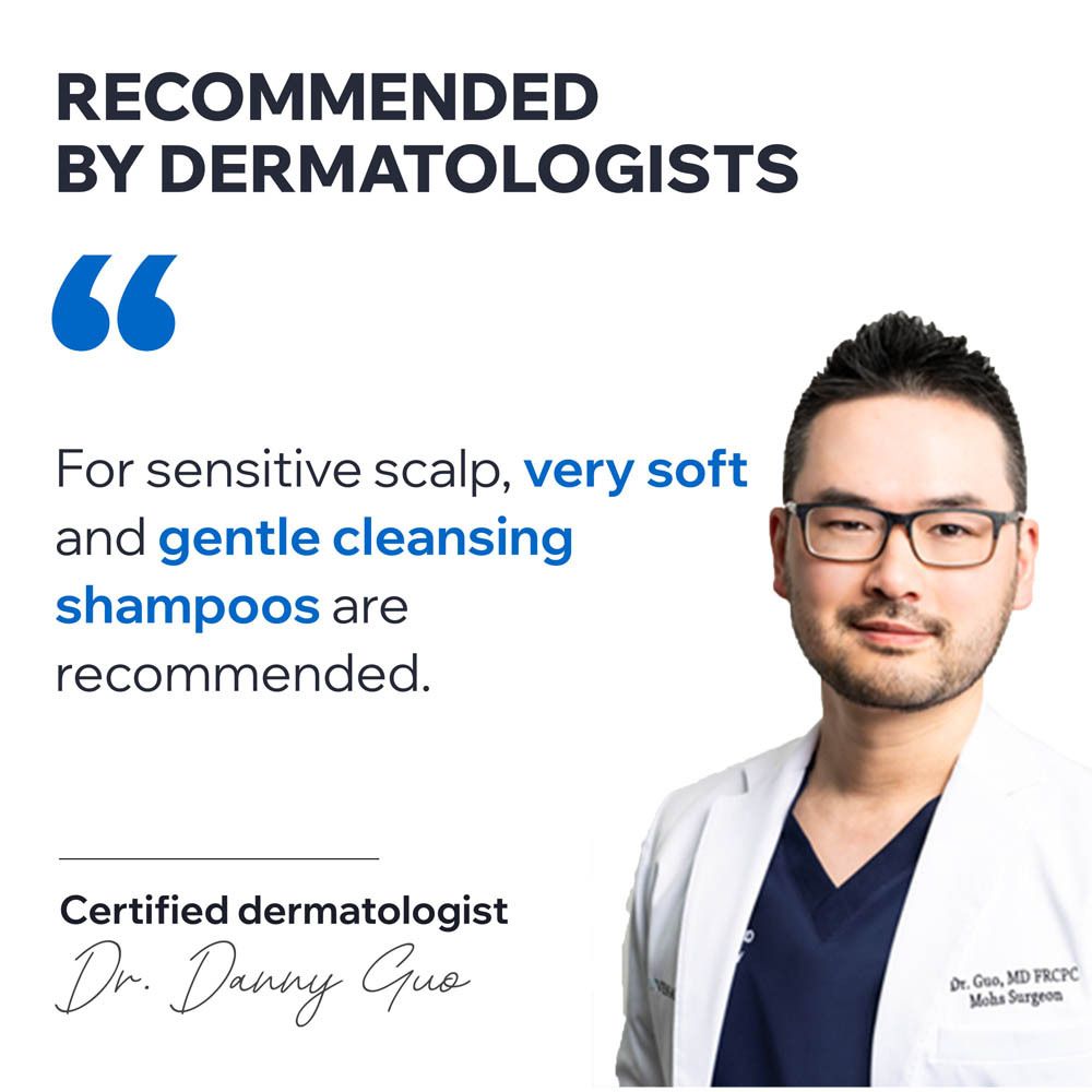 Grafiek met tekst: Ontwikkeld & aanbevolen door dermatologen, Geschikt voor alle haartypes, Geen irritaties aan de ogen.