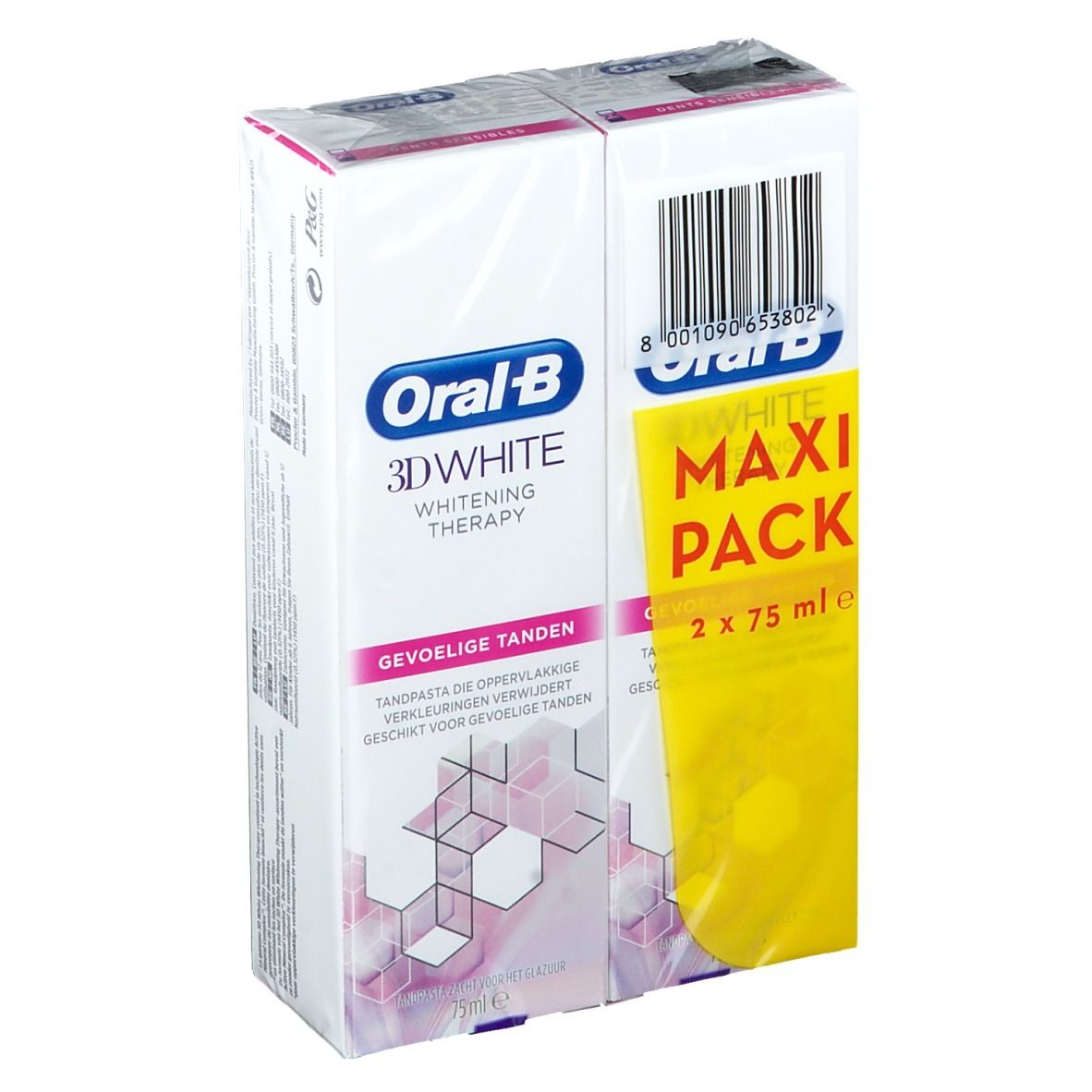 Tandpasta verpakking. Oral-B 3D White, Whitening Therapy. Maxi Pack met twee tubes. Opschrift: Gevoelige tanden.
