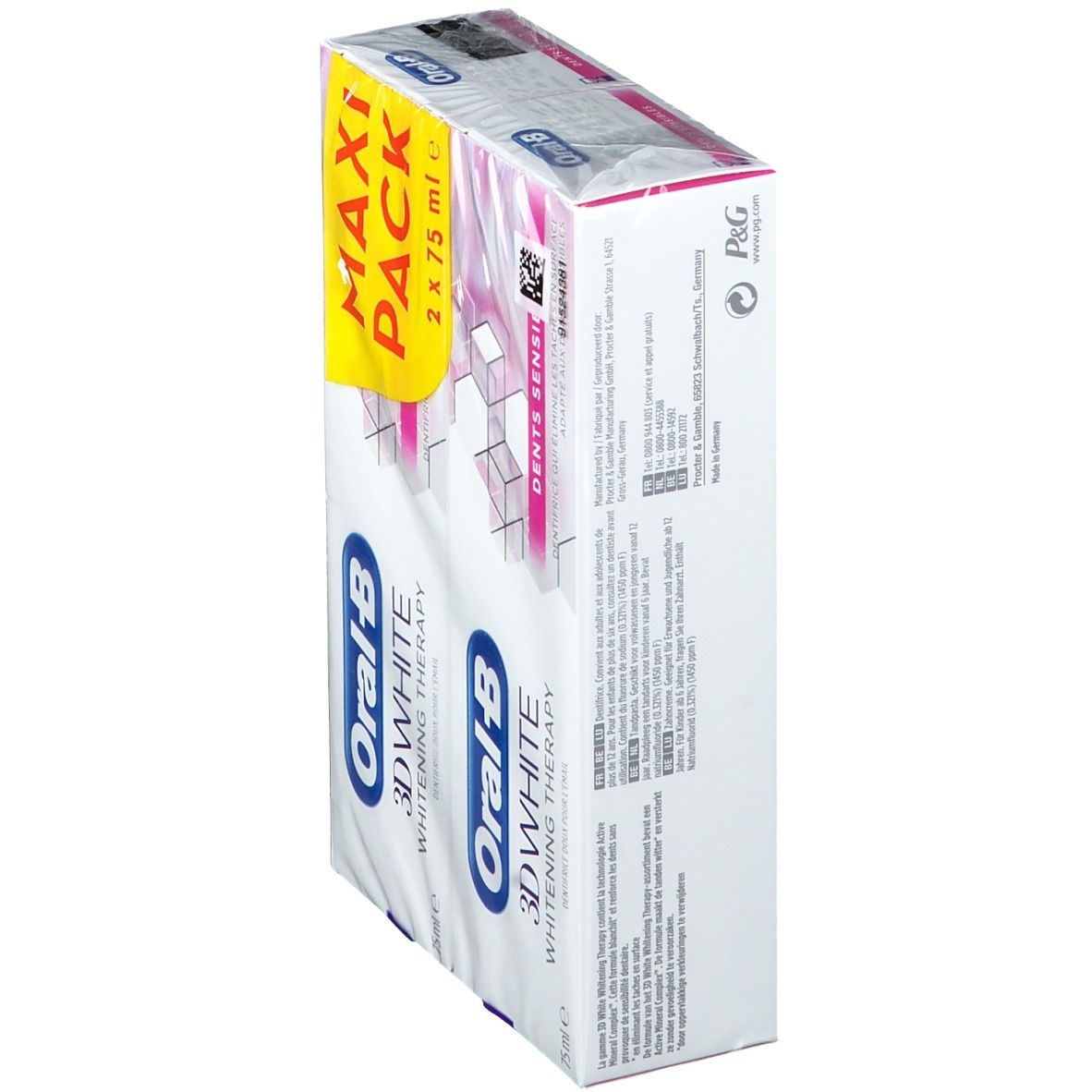 Tandpasta verpakking. Oral-B 3D White Whitening Therapy. Maxi Pack met twee tubes. Achterkant met informatie en barcode.