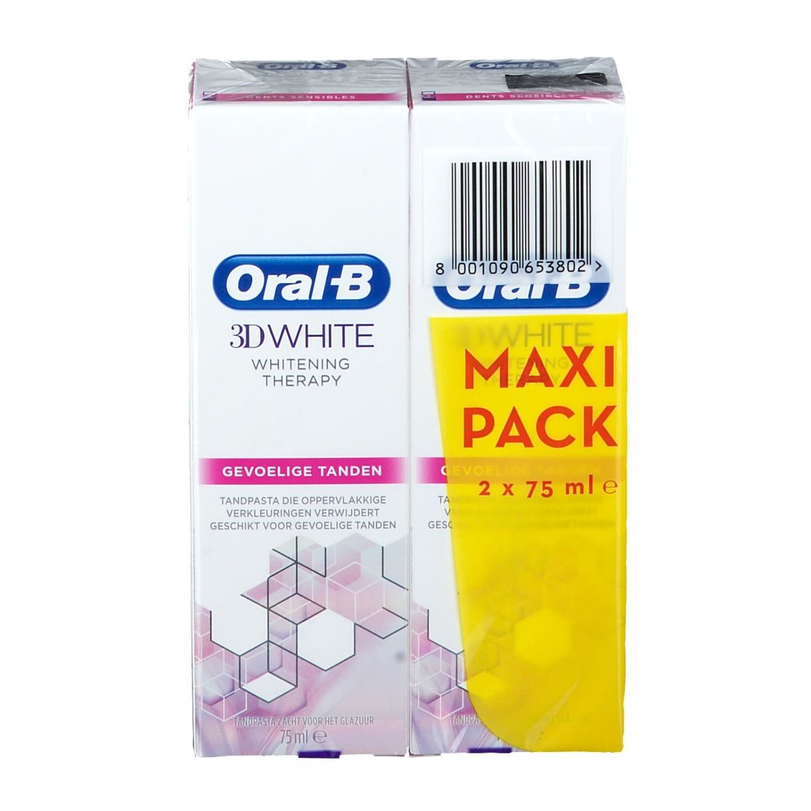 Tandpasta verpakking. Oral-B 3D White Whitening Therapy. Maxi Pack met twee tubes. Opschrift: Gevoelige tanden.