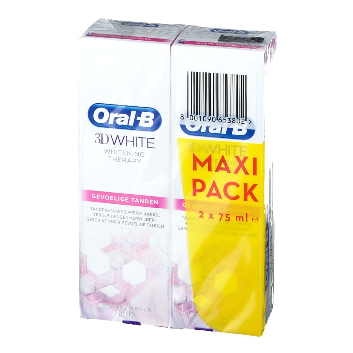 Tandpasta verpakking. Oral-B 3D White Whitening Therapy. Maxi Pack met twee tubes. Opschrift: Gevoelige tanden.