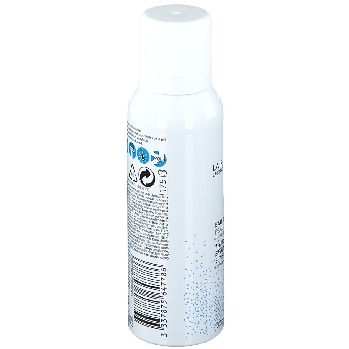 Dos du flacon spray blanc. Texte et symboles. Code-barres et Fabriqué en France.