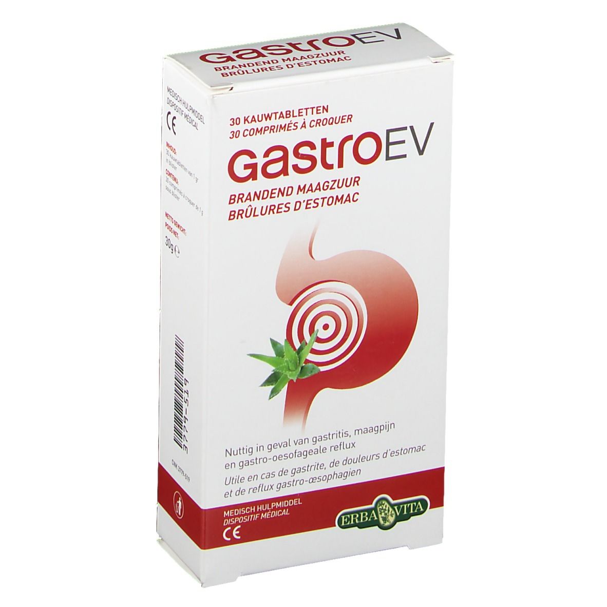 Boîte de Gastro EV. Inscription: 30 comprimés à croquer, marque, illustration estomac, texte en allemand, français, néerlandais.