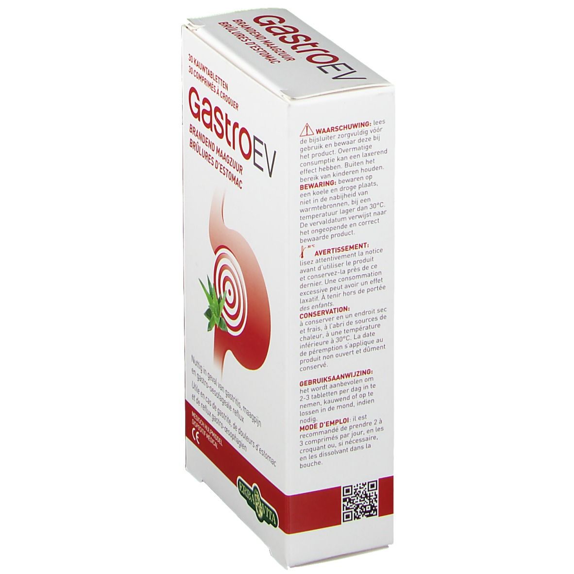 Vue latérale de l'emballage Gastro EV. Texte: Avertissements, conservation, mode d'emploi. Logo et code QR.