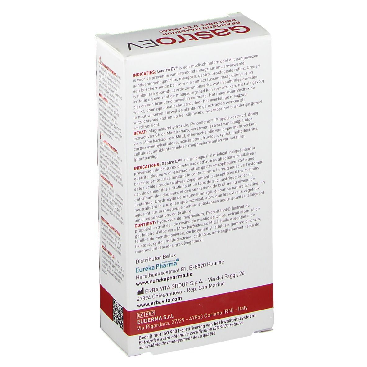 Dos de l'emballage Gastro EV. Texte: Indications, ingrédients, informations fabricant, logo.