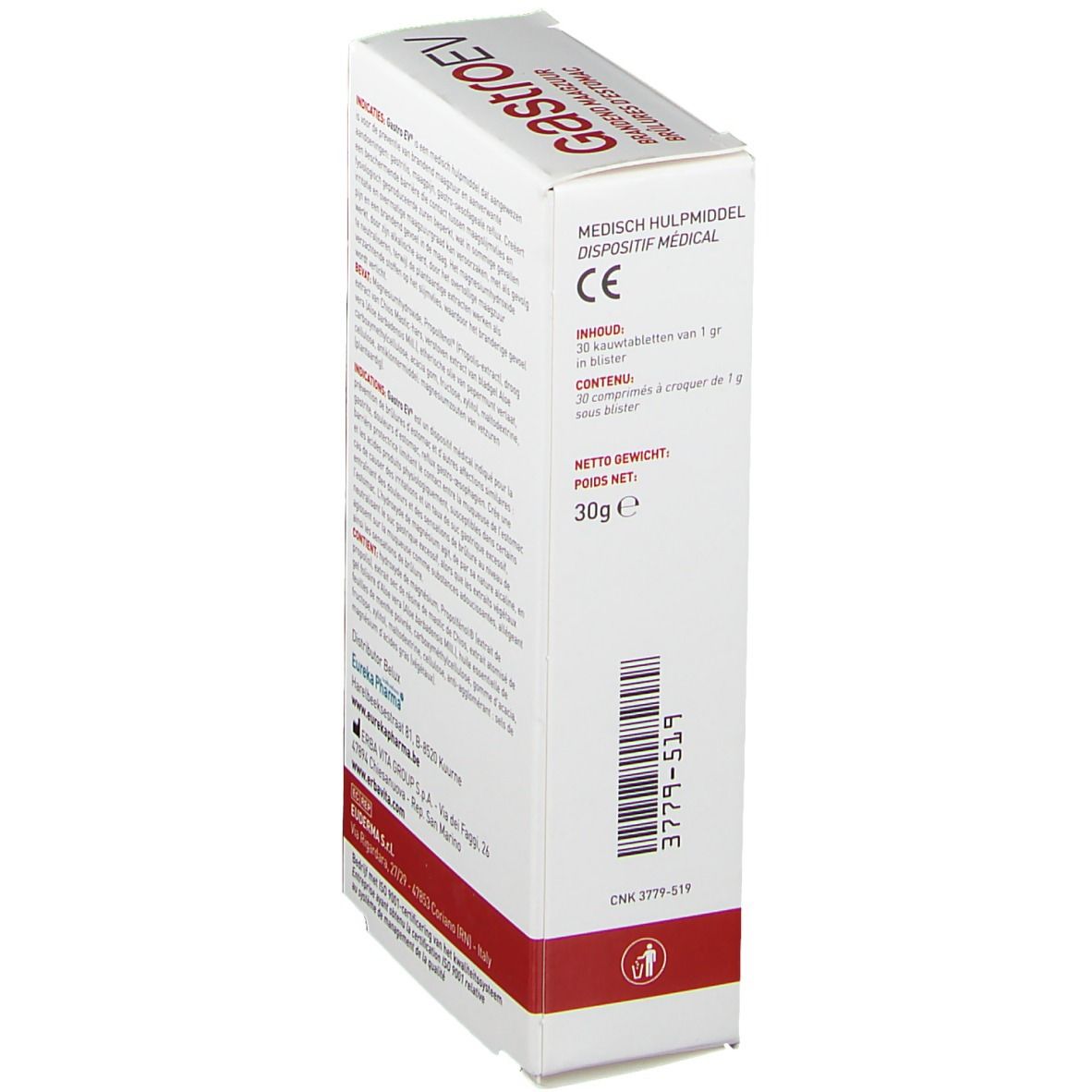 Vue latérale de l'emballage Gastro EV. Texte: Dispositif médical, contenu, poids net 30g, numéro de lot.