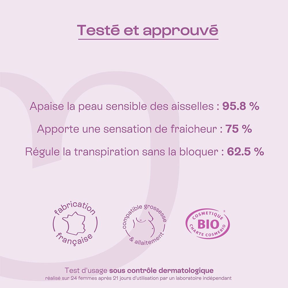 Déodorant roll-on. Verso avec texte. Informations sur les ingrédients et l'utilisation.