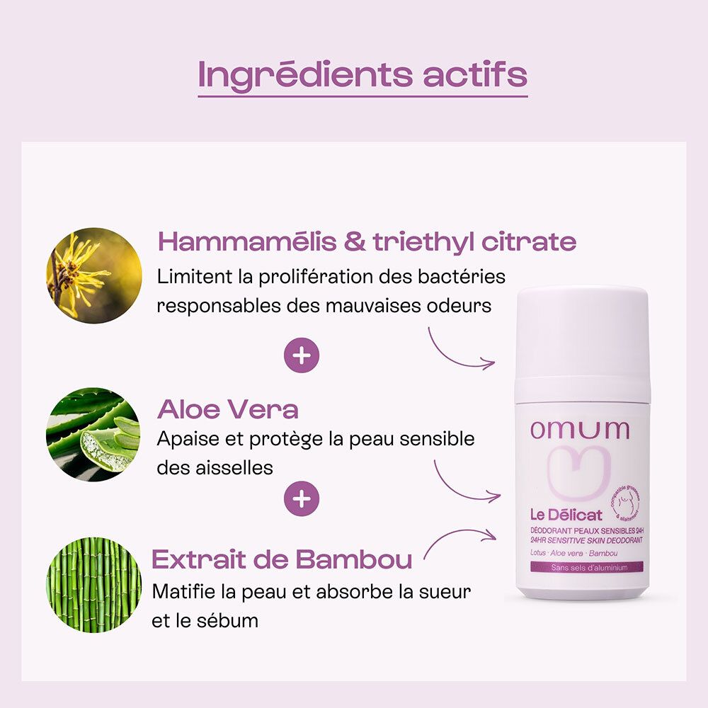 Déodorant roll-on avec capuchon lilas. Inscription: omum, Délicat, Déodorant peaux sensibles 24H.