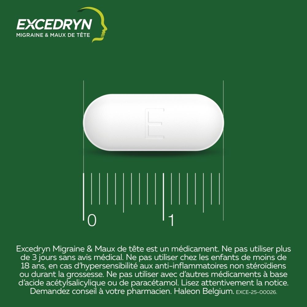 Excedryn Migraine & Maux de tête, boîte avec profil de tête et 30 comprimés.