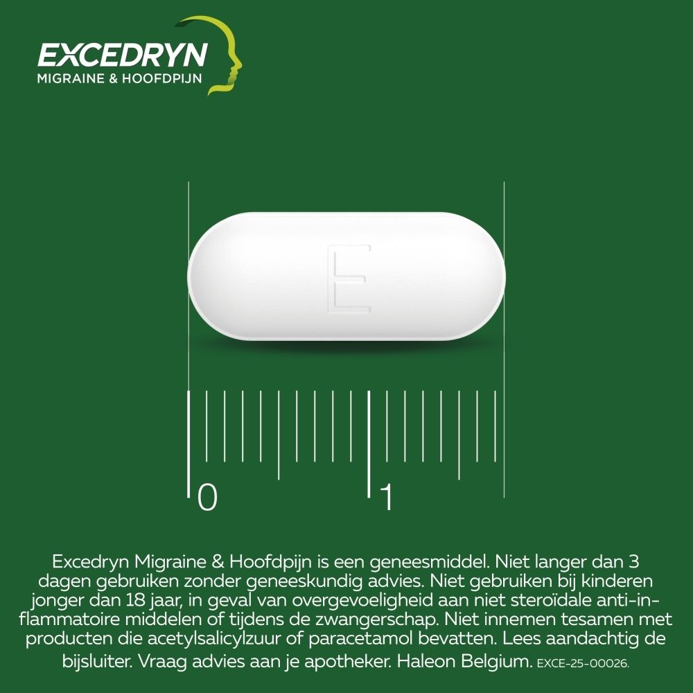 Excedryn Migraine & Hoofdpijn: een tablet met een schaalverdeling.