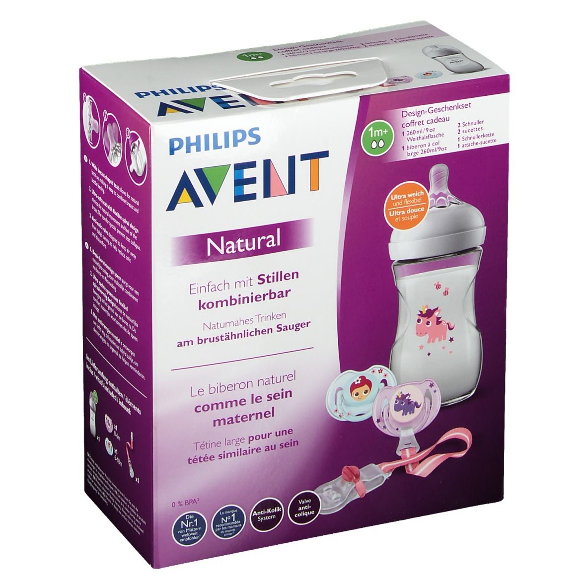 Avent Natural Kit. Doos met fles, fopspenen en accessoires. Philips Avent logo. Productnaam en kenmerken gedrukt.
