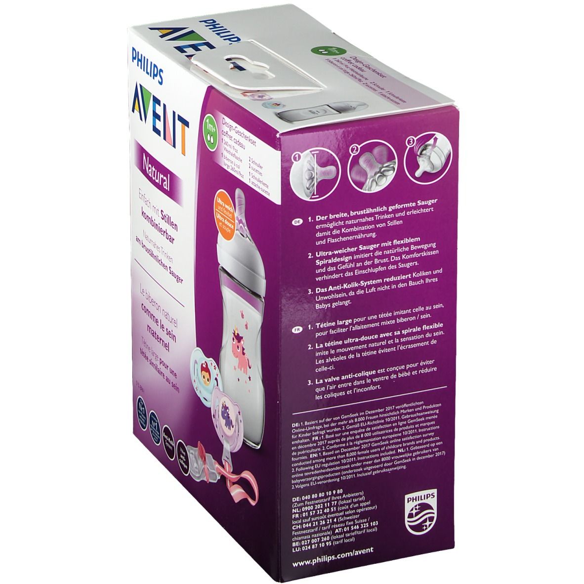 Avent Natural Kit. Doos met fles, fopspenen en accessoires. Philips Avent logo. Productnaam en kenmerken gedrukt.