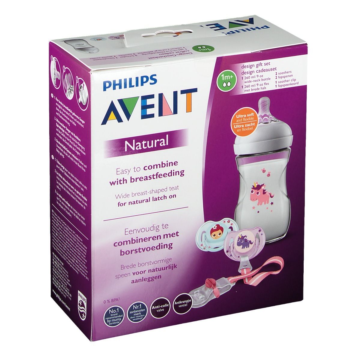 Avent Natural Kit. Doos met fles, fopspenen en accessoires. Philips Avent logo. Productnaam en kenmerken gedrukt.