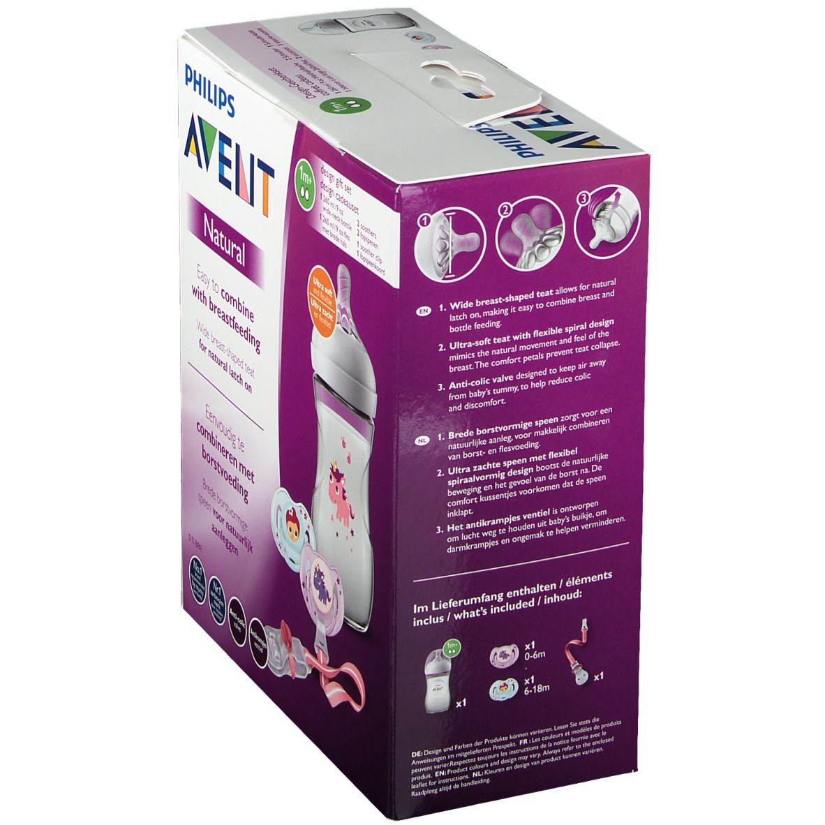 Avent Natural Kit. Doos met fles, fopspenen en accessoires. Philips Avent logo. Productnaam en kenmerken gedrukt.