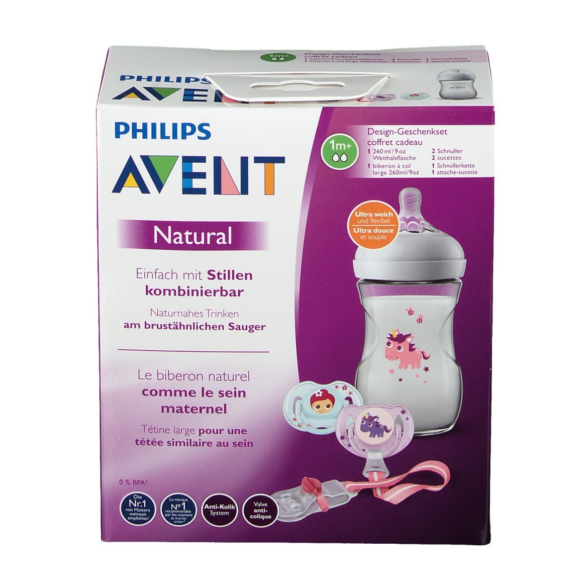Avent Natural Kit. Doos met fles, fopspenen en accessoires. Philips Avent logo. Productnaam en kenmerken gedrukt.